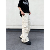 WIAOFELLAS  -  Men's Clothing Elastic Solid Color Zipper Pockets High Waisted Casual Trousers Straight Spring Autumn Wide Leg Cropped Pants