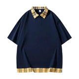 WIAOFELLAS  -  Fashion New Men's Spliced Plaid Fake Two Pieces Casual T-shirt Trendy Turn Down Collar Short Sleeve Tops Male Summer