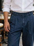 Wiaofellas  -  Spring Summer Men's Denim Look Woven Trousers, Neapolitan Double Pleat  High Waist Straight Leg Business Dress Pants