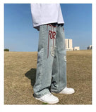 WIAOFELLAS  -  High Street Ripped Printed Jeans for Men Loose Straight Legs for Teenagers Trendy Hip-hop Long Pants