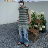 WIAOFELLAS  -  Summer New Men's Striped Sleeveless Knitted Vest American Retro Fashion Trendy Street Hip Hop Loose Casual Niche Men's Top