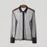 Wiaofellas  -  Men's Sets Mesh Patchwork Striped See Through Long Sleeve Shirt Pants Two Piece Sets Sexy Fashion Men Matching Sets