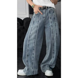 WIAOFELLAS  -  summer new style American retro splicing design three-dimensional scimitar versatile loose denim trousers