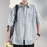 Men's Casual Breathable Short Sleeve Shirt Vertical Stripe Color-Block Lapel Relaxed Fit Trendy Summer Style Top