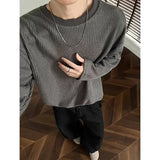 WIAOFELLAS  -  Spring Long Sleeved T-shirt Men Fashion Black Casual Knitted T-shirt Men Streetwear Korean Loose Pleated T Shirt Mens Tops