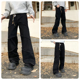 WIAOFELLAS  -  New trendy spliced loose straight leg black washed denim jeans