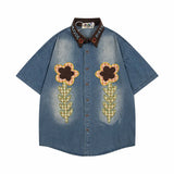 WIAOFELLAS  -  Flower Embroidery Short Sleeve Shirts Mens Summer Retro Streetwear Lapel Single Breasted Half-Sleeve Loose Shirts Cotton Tops