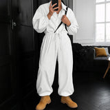 WIAOFELLAS  -  Men Jumpsuits Striped Lapel Long Sleeve Drawstring Joggers Rompers Streetwear Loose Fashion Casual Male Overalls Pants