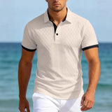 Wiaofellas  -  Men's Textured Knit Polo Shirt Contrast Trim Short Sleeve Turn Down Collar Casual Fashion Tops For Men