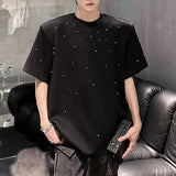 WIAOFELLAS  -  Shoulder Padded Men's Tees Handmade Pearl Design Simple Solid Color Tops Summer Short Sleeved Loose Male T-shirts