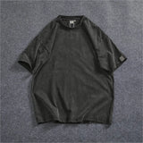 WIAOFELLAS  -  Heavy washing process short sleeve T-shirt men's American fashion loose off shoulder sleeve heavy round neck cotton solid color