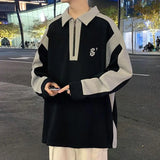 WIAOFELLAS  -  Spring and Autumn Fashion Trend Half Zip Polo Collar Panel Contrast Color Casual Loose Fit Student Versatile Simple Sweater