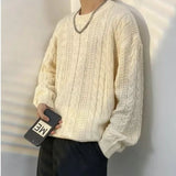 WIAOFELLAS  -  Twist Sweater Men Spring and Autumn New Spliced pullovers O-Neck Fashion Solid Color Loose Casual Long-sleeved Knitted Top