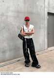 WIAOFELLAS  -  Artificial Hand-painted Lettering Graffiti Black Denim Trousers Men Straight Pants