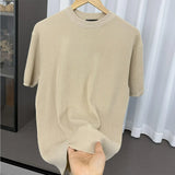Wiaofellas  -  Luxury Textured Knit Men T-shirt Ribbed Short Sleeve O Neck Slim Fit Casaul Tees Korean Fashion Streetwear Breathable Tops M-3XL