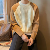 WIAOFELLAS  -  Autumn Winter New Solid Casual Thick Sweater Men's Pullover Printed Pinstripe Round Neck Long Sleeve Trendy Bottom Knitted Tops