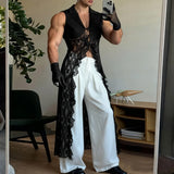 WIAOFELLAS  -  Men Long Style Shirt Lace Patchwork Lapel Sleeveless Men Clothing Lace Up See Through Sexy Streetwear Tops Male Shirts