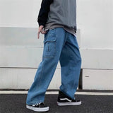 WIAOFELLAS  -  Korean Fashion Spring Autumn Solid Color Elastic Pockets Trousers Wide Leg Cargo Men's Clothing High Waisted High Street Pants