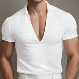 Wiaofellas  -  Spring Summer Men's V Neck Short Sleeve T Shirt Breathable Lightweight Casual Business Basic Tee Tops