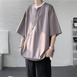 WIAOFELLAS  -  Summer Fashion Fake Two T-shirts Men Lightweight Loose Short Sleeve Casual Pull On Tees Male Solid Streetwear Hip Hop Tops Man