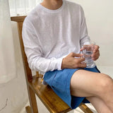 WIAOFELLAS  -  Fashionable Simple Long Sleeved T-shirt Solid Color Loose Sunscreen Tops Korean Slightly Transparent Thin Men's Bottom Tshirts