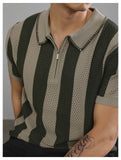 WIAOFELLAS  -  New Chic Striped Polo Shirt Light Luxury Hollow Out Knitted T-shirts Korean Style Zipper Short Sleeve Tops Breathable Knitwear