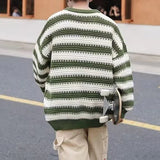 Wiaofellas  -  Men Trend Japanese Style Striped Oversize Streetwear Y2K Knitted Sweater Casual Round Neck Long Sleeve Pullover Tops Ropa Hombre