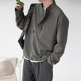WIAOFELLAS  -  Men Shirt Solid Color Stand Collar Long Sleeve Loose Men Clothing Streetwear Korean Style Fashion Casual Shirts
