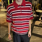 WIAOFELLAS  -  Trendy Men's Contrast Color Striped Buttons Design Loose T-shirt Fashion Casual Lapel Short Sleeves Tops Male Summer