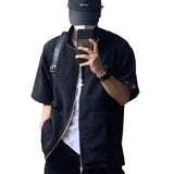 WIAOFELLAS  -  Vintage Stand Collar Zip-up Cardigan Mens Shirt Casual Breathable Loose Half Sleeve Tops Summer Men Fashion Pocket Design Shirt