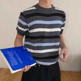 Wiaofellas  -  Daily Casual Knitting Tops Mens Stylish Striped Knit Short Sleeve Pullover Men Vintage O Neck Knitted T Shirts Summer Tee