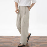 Wiaofellas  -  Mens Cropped Linen Blend Dress Pants Casual Drawstring High Waist Breathable Suit Trousers Japanese Clean Fit Straight Trousers