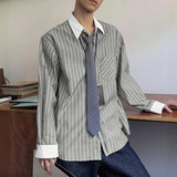 WIAOFELLAS  -  Men Shirt Striped Patchwork Lapel Long Sleeve Pockets Men Clothing Streetwear Loose Fashion Casual Tops Male Shirts