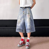 WIAOFELLAS  -  American Style Men Jeans Chians Printing Contrast Color Streetwear Straight Loose Wide Leg Loose Male Denim Shorts