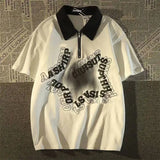Wiaofellas  -  Retro Star Polo Collar Short Sleeve T Shirt Unisex Vintage Half Zip Loose Couple Top Casual Hong Kong Style Daily Street