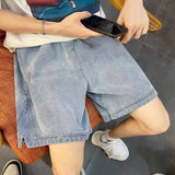 Wiaofellas  -  New Men's Casual Side-Slit Denim Shorts Summer High Street Fashion Baggy Jorts Harajuku Hip Hop Y2K Blue Short Jeans
