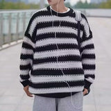 Wiaofellas  -  Men Trend Japanese Style Striped Oversize Streetwear Y2K Knitted Sweater Casual Round Neck Long Sleeve Pullover Tops Ropa Hombre