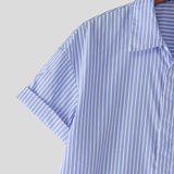 WIAOFELLAS  -  Men Striped Shirt Lapel Short Sleeve Pockets Men Clothing Streetwear Loose Button Korean Style Fashion Casual Male Tops