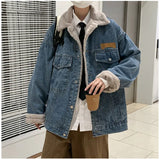 Wiaofellas  -  Autumn Winter Lamb Velvet Denim Jaet Men's Trendy Casual Japanese Sle Retro Cool American High Street Loose Fce Lined