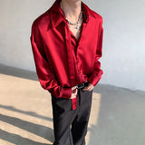 WIAOFELLAS  -  Fashion Men's Solid Color Ribbon Turn Down Collar Shirts Trendy Long Sleeves Single-breasted Tops Male Summer