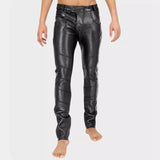Wiaofellas  -  Men Punk Faux Leather Pants Slim Fit Ankle‑Tied Biker Motorcycle Trousers Zipper Long Pants Nightclub Streetwear Casual Trousers