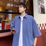 WIAOFELLAS  -  Trendy Men's Plaid Spliced Pocket Short Sleeve Loose Shirts Fashion Summer Lapel Single-breasted Blouses Male