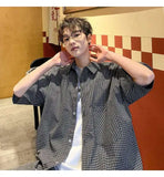 WIAOFELLAS  -  Trendy Men's Plaid Spliced Pocket Short Sleeve Loose Shirts Fashion Summer Lapel Single-breasted Blouses Male