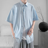 WIAOFELLAS  -  Simple Men's Shirts Turn-down Collar Ice Silk Solid Color Short Sleeved Loose Menswear Single Breasted Male Tops