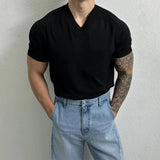 WIAOFELLAS  -  Summer New Men's Solid Color V-Neck T-Shirt American Retro Fashion Trend Simple Casual Loose Breathable Niche 2025 Men's Tops