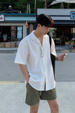 Wiaofellas  -  Men's Summer Cuban Collar Short Sleeve Shirt - Loose Fit Korean Style Casual Beach Resort Button Down Top