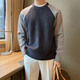 WIAOFELLAS  -  Autumn Winter New Solid Casual Thick Sweater Men's Pullover Printed Pinstripe Round Neck Long Sleeve Trendy Bottom Knitted Tops