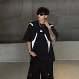 WIAOFELLAS  -  Fashion Men's Spliced Metal Contrast Color Shoulder Pads T-shirts Trendy Short Sleeves O-neck Tops Male 2025 Summer