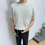 Wiaofellas  -  Men's Knitted Solid Color Short-Sleeved T-Shirt American Fashion Trend Casual Simple Loose Breathable Summer New Men's Tops