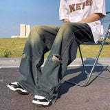 Wiaofellas  -  Men Hip Hop Ripped Hole Jeans Korean Casual Pants High Street Straight Loose Wide Leg Jeans Vintage Blue Baggy Jeans